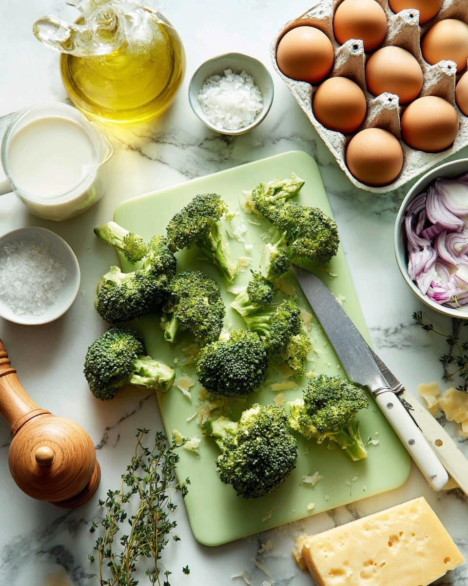 The image shows a light green cutting board on a white marbled surface with several green broccoli florets spread out on it, along with a silver knife with a white handle laying among the florets. Around the cutting board, there is a white bowl filled with sliced light purple onions on the right side, a white egg carton holding five brown eggs with one loose egg near it on the top left, a glass bottle of olive oil with a handle, a glass jar of milk, a small white bowl filled with coarse salt, and some fresh thyme sprigs near a wooden pepper grinder at the left bottom corner. A light yellow block of cheese with some shavings is visible at the upper right corner. The colors are soft and natural, with a bright and clean look. photo taken with an iphone --ar 4:5 --v 7