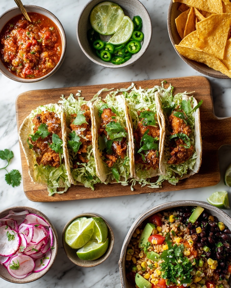 A wooden board holds four small white soft tacos, each filled with a crispy golden brown fried filling on a bed of light green shredded lettuce and a sprig of fresh cilantro. Around the board on a white marbled surface are various bowls: one with red chunky salsa, one with bright green sliced jalapeños, another with thinly sliced purple and white radishes, a bowl of yellow tortilla chips, a bowl with lime wedges, and a bowl of colorful rice mixed with corn, black beans, tomatoes, avocado, and green herbs. There is also a small bowl with lime wedges wrapped in a woman's hand photo taken with an iphone --ar 4:5 --v 7