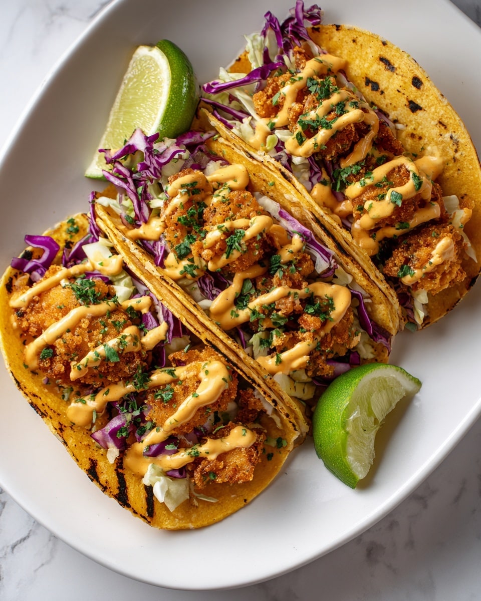 Three tacos sit side by side on a white plate, each with a yellow grilled tortilla as the first layer. Inside, there are pieces of crispy brown fried chicken at the bottom, topped with thinly sliced purple cabbage and white onion, adding vibrant colors and a crunchy texture. On top of the vegetables is a drizzle of yellow sauce and a sprinkle of fresh green cilantro leaves. Two lime wedges rest on the plate beside the tacos. The plate sits on a white marbled surface. photo taken with an iphone --ar 4:5 --v 7