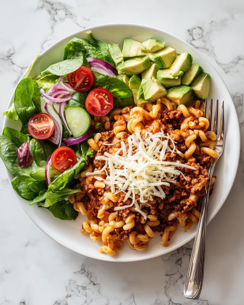 A white plate holds a serving of wavy pasta mixed with ground meat and tomato sauce as the bottom layer, topped with a light sprinkling of shredded white cheese. Next to the pasta is a fresh salad with green lettuce leaves, sliced cucumber, red cherry tomatoes, cubed avocado, and thin rings of purple onion arranged on the white plate's side. A silver fork is placed beside the food. The background is a white marbled surface with half an avocado and a tomato in soft focus. Photo taken with an iphone --ar 4:5 --v 7