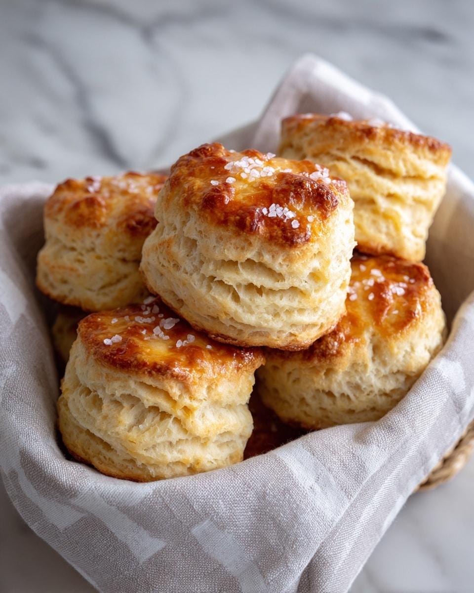 A basket lined with a light gray and white checkered cloth holds several golden brown biscuits stacked closely together. Each biscuit shows multiple visible layers, with rough, crumbly textures along the sides. The tops of the biscuits have a slightly shiny glaze and are sprinkled with coarse white salt crystals. The basket rests on a white marbled surface. photo taken with an iphone --ar 4:5 --v 7