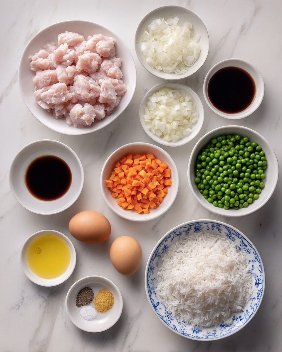 The image shows an overhead view of raw ingredients neatly arranged on a white marbled surface. At the top right, there is a white bowl with a blue floral rim filled with pink chunks of raw chicken. Below it, to the right center, is a plain white bowl filled with green peas and orange diced carrots. At the bottom right, a white bowl contains cooked white rice, with fluffy grains filling the bowl. To the left of the rice, there are two brown eggs placed close together. Above the eggs, a small white bowl holds a yellow liquid, likely oil, and next to the eggs is a small white dish with dark brown soy sauce. Above these, another small white bowl contains chopped white onions. Next to it, at the top left, is another small white bowl with more dark brown soy sauce. At the bottom left corner, a small white round bowl contains yellow melted butter. Adjacent is a small white dish with several small piles of ground spices in shades of white, black, and golden brown. The clean, bright colors and organized layout make the ingredients easy to see. photo taken with an iphone --ar 4:5 --v 7