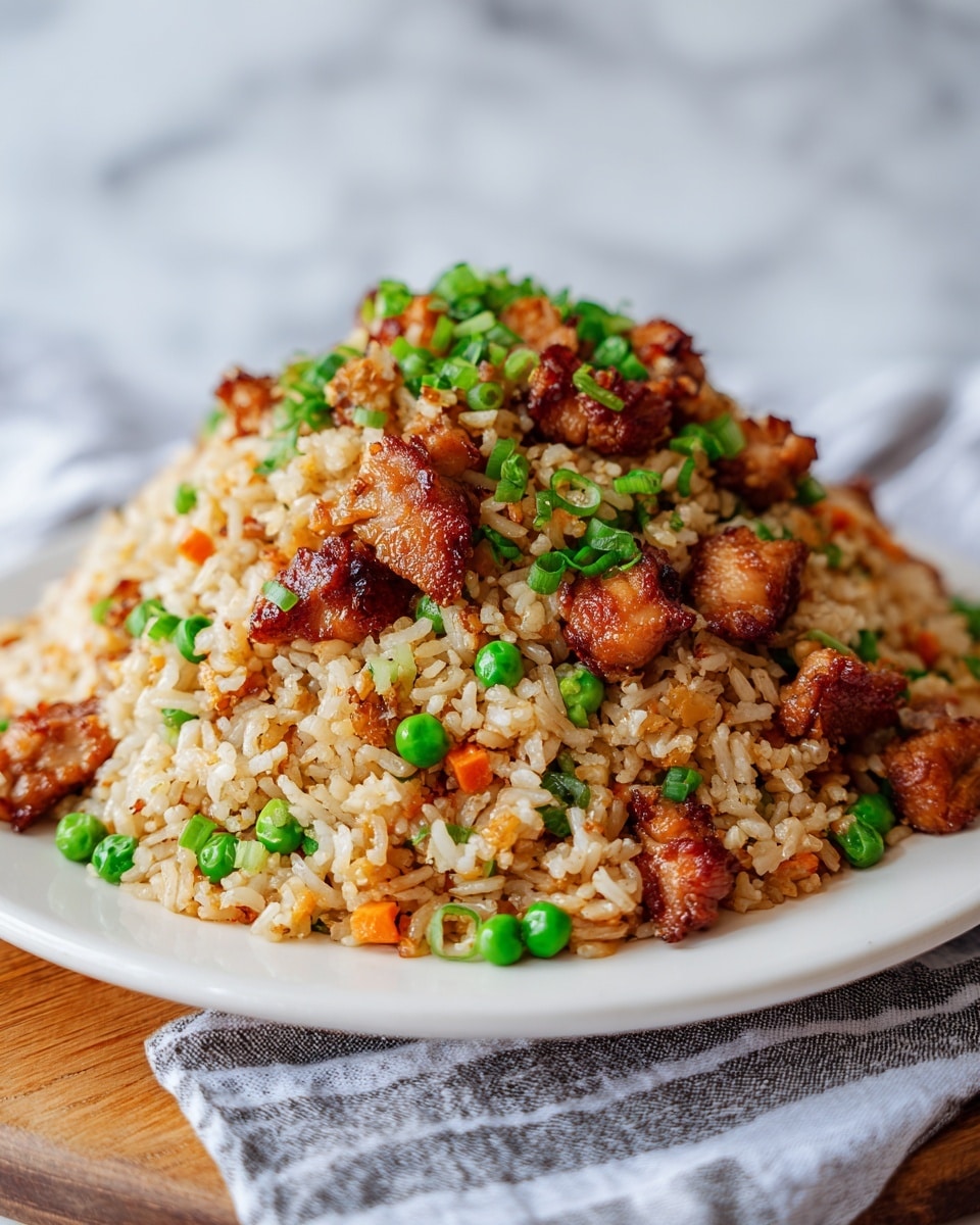 A large mound of fried rice with visible grains of cooked white and brown rice mixed with small bright green peas and chopped green onions scattered throughout. Mixed in are medium-sized brown and glazed chunks of cooked chicken, giving the dish a rich color mix of golden brown, white, and green. The rice looks lightly oily with a soft texture, sitting on a round white plate. The plate rests on a white and gray striped cloth, with a soft white marbled surface in the background. photo taken with an iphone --ar 4:5 --v 7