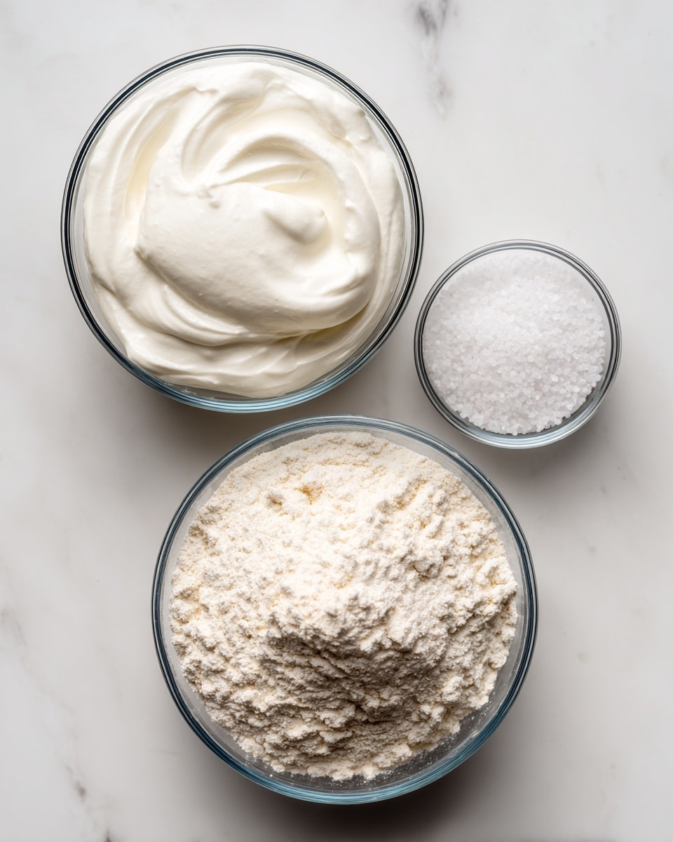 The image shows three clear glass bowls placed on a white marbled surface. The largest bowl at the top left is filled with smooth, creamy Greek yogurt, which is white with a soft, thick texture. Below it on the right side is a medium-sized bowl full of self-rising flour, light beige in color with a powdery and slightly clumpy texture. On the top right is a small bowl containing coarse white salt crystals. All bowls are arranged in a triangular shape with the salt bowl slightly closer to the top edge. photo taken with an iphone --ar 4:5 --v 7
