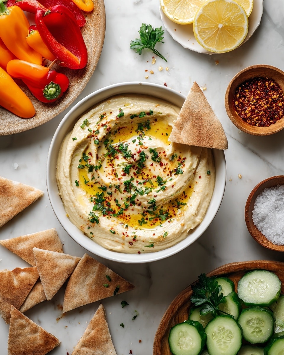 The image shows a bowl of creamy hummus as the center layer, topped with olive oil, red spice flakes, and chopped green herbs, with two pita bread pieces partially dipped inside the hummus on the right side of the bowl. Surrounding the bowl, there are six triangular pita bread pieces placed around the bottom half. On the left side, there is a layer of small red, orange, and yellow mini bell peppers scattered on a cloth. On the top right, a white plate with a few lemon halves and fresh green parsley, and a small wooden bowl with red pepper flakes sit. On the right side of the bowl, there are multiple sliced cucumber rounds arranged in a line. Lastly, a small wooden bowl with coarse salt is placed near the bottom right of the bowl. The entire scene is set on a white marbled texture. Photo taken with an iphone --ar 4:5 --v 7