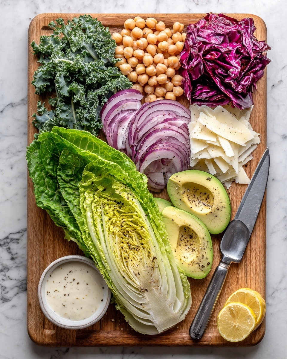 The image shows a wooden cutting board filled with fresh salad ingredients arranged in layers. At the bottom, there is a whole romaine lettuce leaf laying flat, bright green and crisp with black pepper sprinkled on top. On the right side of the lettuce, there are two avocado halves with smooth green flesh, also sprinkled with ground pepper. Above the lettuce and avocado, a pile of round, light beige chickpeas sits next to curly dark green kale leaves. To the left of the chickpeas, thin slices of purple onion are spread out. At the top right corner, there are deep red radicchio leaves holding white shaved pieces of cheese. To the bottom right of the board, a freshly squeezed lemon half rests by a large silver knife blade. In the bottom left corner, there is a small white bowl with thick creamy salad dressing and a silver spoon inside. The background is a white marbled texture photo taken with an iphone --ar 4:5 --v 7