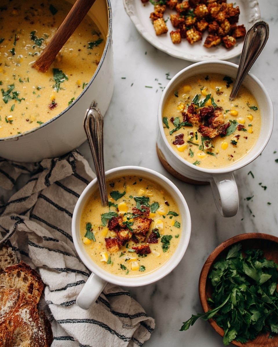 The image shows two white mugs filled with creamy yellow soup that has small corn kernels and chopped herbs floating on top. Each mug has a silver spoon resting inside, and there are crispy brown pieces sprinkled over the soup along with green leaves, likely cilantro, adding color. Behind the mugs is a white pot filled with the same creamy soup, with a wooden spoon inside it. On the white marbled surface, there is a small white plate with more crispy brown pieces and a brown wooden bowl holding fresh green herbs. A piece of torn rustic bread with a rough texture sits near the bottom left corner, next to a striped cloth. The overall look is warm and inviting, with contrasting colors and textures. photo taken with an iphone --ar 4:5 --v 7