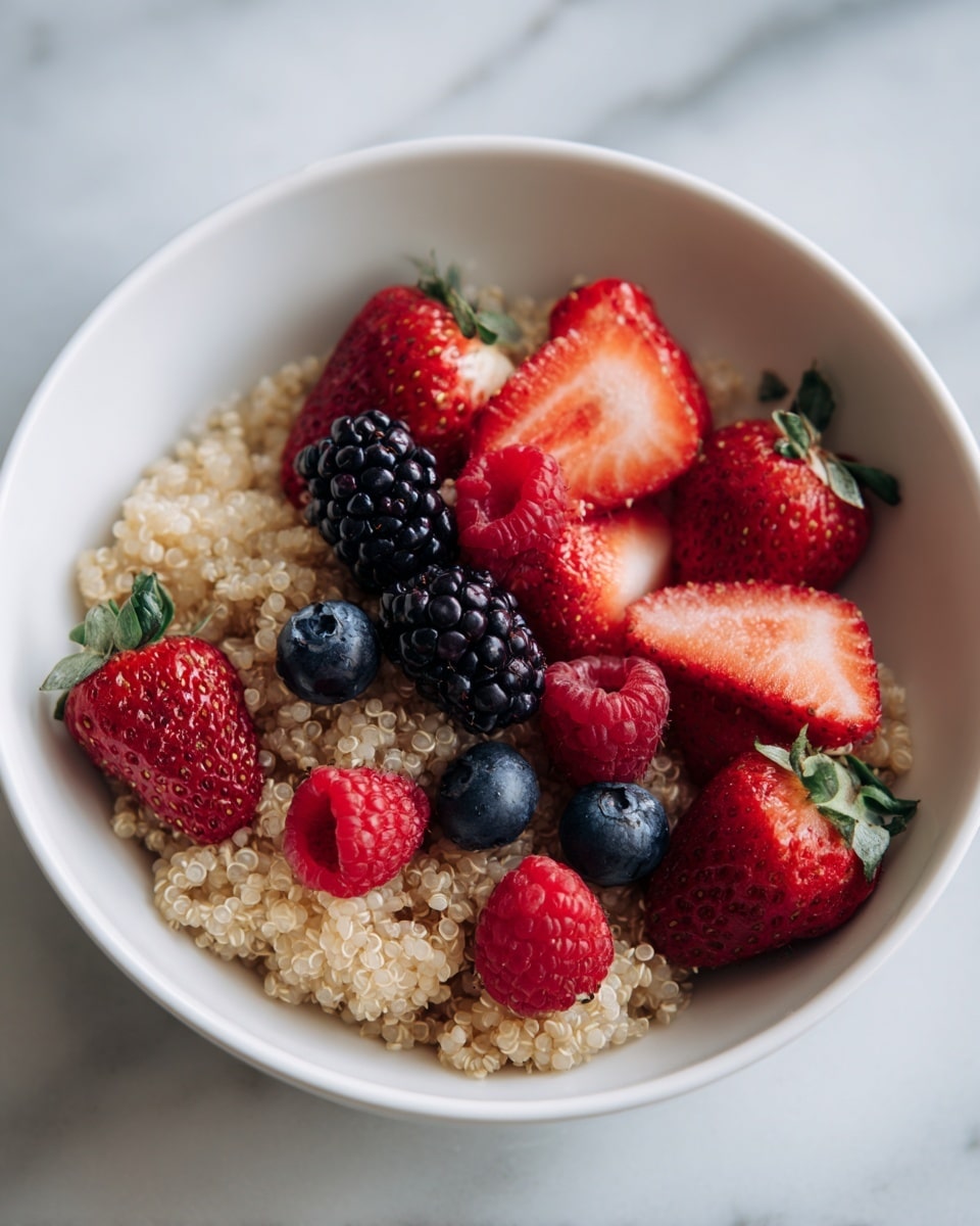 A white bowl holds a layer of light beige cooked quinoa, which forms the base with its small, round grains visible. On top, there are bright red strawberries, some whole with green tops and some sliced to show their juicy insides. Scattered among the strawberries are deep black blackberries, bright red raspberries, and two small dark blue blueberries near the center. The bowl sits on a white marbled surface with a few blackberries placed around it. photo taken with an iphone --ar 4:5 --v 7