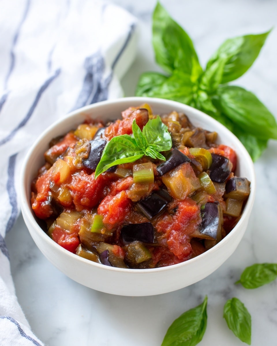 A white bowl filled with a cooked mix of chunky layers including dark purple-black eggplant pieces, translucent light brown onion slices, bright green grape tomatoes, and small chunks of celery, all covered in a red tomato sauce. On top, a fresh green basil leaf garnish. The bowl sits on a white marbled surface next to more green basil leaves and a white cloth with blue stripes in the background. Photo taken with an iphone --ar 4:5 --v 7