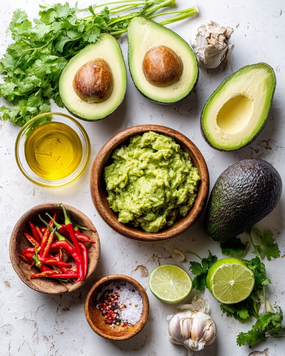 The image shows fresh ingredients for guacamole on a white marbled surface. In the center are two avocado halves with large brown seeds, and nearby is a whole dark green avocado. Next to the avocados is a wooden bowl filled with mashed green avocado, showing a creamy and slightly chunky texture. Around these are a bunch of fresh, bright green cilantro leaves, a small glass bowl of golden olive oil, a wooden bowl of sliced red chili peppers, a halved lime with a bright green interior, a small wooden bowl with coarse salt and red pepper flakes mixed together, and a bulb of white garlic with a couple of cloves separated. The setup is clean and colorful with natural light. photo taken with an iphone --ar 4:5 --v 7