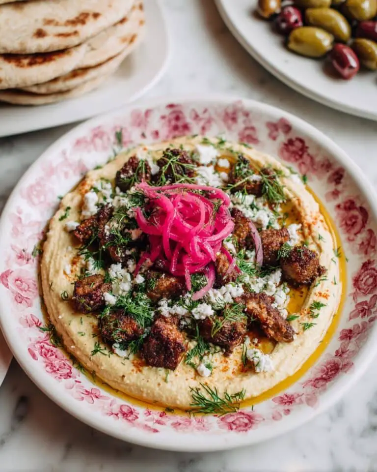 Homemade Hummus with Sliced Steak and Fresh Toppings Recipe