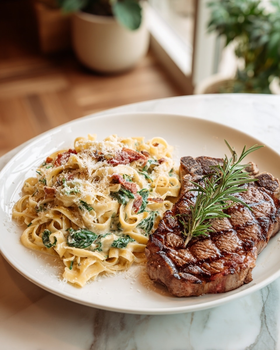 A white bowl holds two main layers: on the left is a creamy pasta mixed with spinach and small pieces of red sun-dried tomatoes, all topped with grated cheese, showing creamy yellow texture with flecks of green and red; on the right, a thick grilled steak with a dark brown charred surface and visible pink inside, garnished with a sprig of fresh green rosemary placed diagonally on top. The bowl sits on a white marbled surface with a small potted green plant in the blurred background. photo taken with an iphone --ar 4:5 --v 7