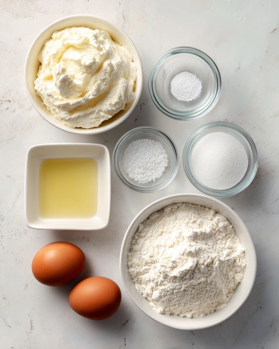 The image shows seven ingredients placed neatly on a white marbled surface, including two whole brown eggs side by side at the bottom left. Above them, there is a small clear glass bowl filled with white powder, next to another small clear glass bowl containing granulated white salt. To the left of these bowls, there is a square white bowl holding a translucent yellow liquid, likely oil. Towards the top right, a large white bowl is filled with white flour that has a slightly uneven surface. At the top left, another large white bowl contains a thick, creamy, white mixture with a slightly lumpy texture. Photo taken with an iphone --ar 4:5 --v 7