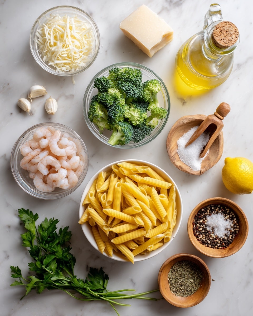 The image shows ingredients neatly arranged on a white marbled surface. At the center bottom is a large white bowl filled with dry yellow penne pasta. To its left, there is a transparent glass bowl with raw peeled shrimp, and above it another transparent bowl holding fresh green broccoli florets. In the middle, a small glass bowl contains shredded white cheese. To the upper right of the cheese, there is a wooden bowl filled with coarse salt and a small wooden scoop inside. Beside it, another wooden bowl is filled with mixed peppercorns and has a small wooden scoop too. Near the top left, there is a small white bowl with two peeled garlic cloves, and some fresh parsley leaves lay beside it. A whole shallot sits in the middle near the top, with a clear glass bottle of yellow olive oil placed on the top right corner. At the bottom center, a bright yellow lemon and a small white ceramic spoon with dried herbs complete the scene. Photo taken with an iphone --ar 4:5 --v 7