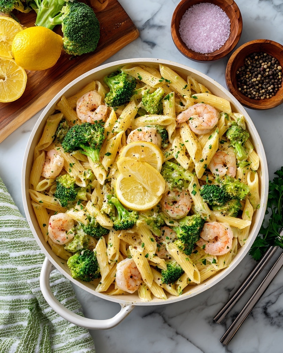 A white pan filled with cooked penne pasta mixed with bright green broccoli pieces and small pink shrimp scattered throughout. Two lemon wedges sit on top in the center, along with small green parsley leaves sprinkled across the dish. Black pepper flakes are lightly scattered on the pasta and broccoli. Around the pan, there are wooden bowls holding salt and mixed peppercorns, a wooden board with lemon slices and broccoli pieces, and a green and white striped cloth on a white marbled surface. photo taken with an iphone --ar 4:5 --v 7