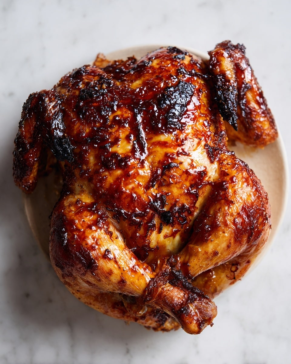 A whole roasted chicken is placed in the center of a white plate on a white marbled surface. The chicken has a deep golden brown color with darker charred spots and is covered in a shiny, dark reddish-brown glaze that looks sticky and rich. The skin appears crispy, and the chicken is positioned with its wings and legs spread out on the plate, showing a well-cooked texture all around. The photo taken with an iphone --ar 4:5 --v 7