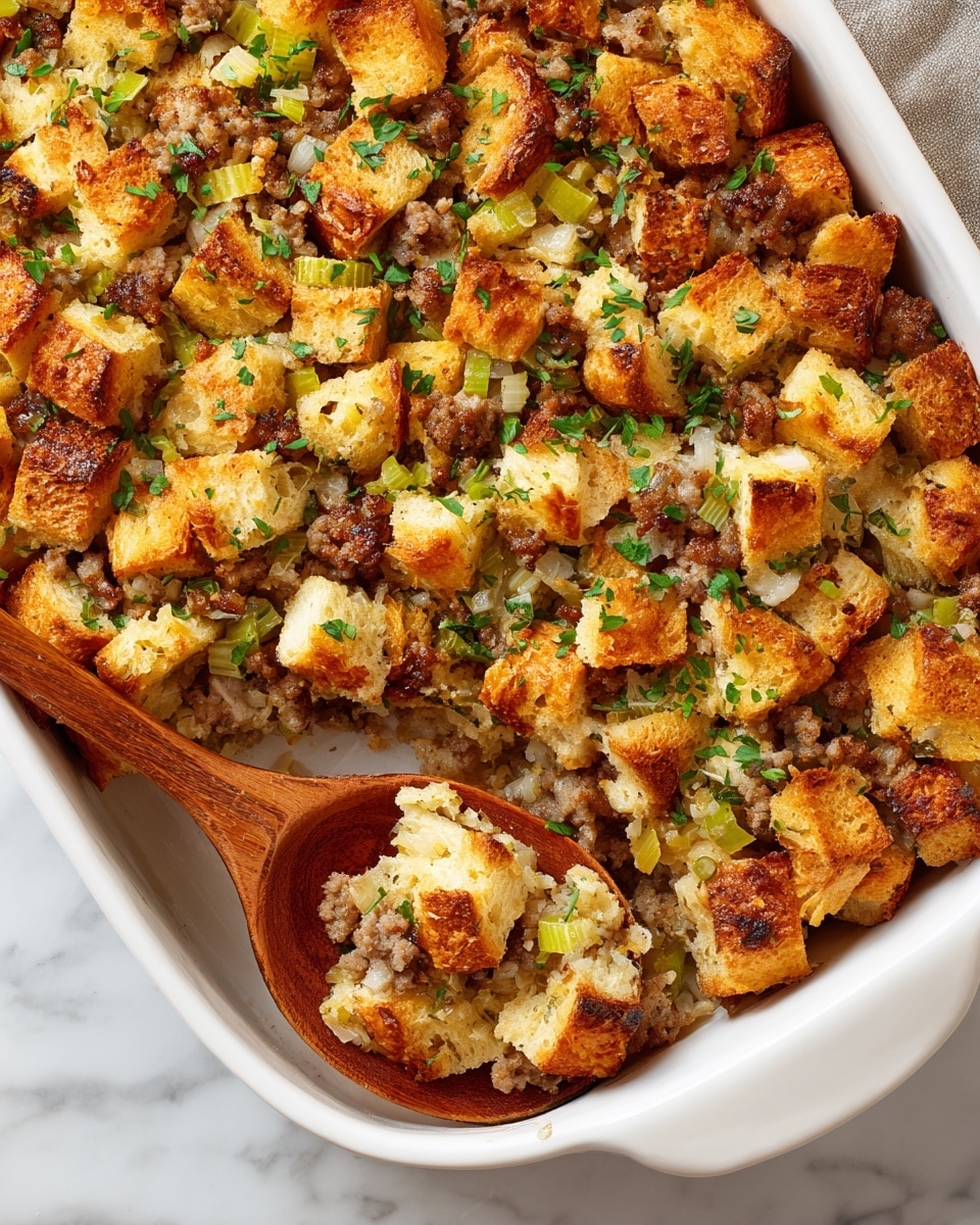 The image shows a white casserole dish filled with a layered stuffing made of golden brown toasted bread cubes on top, mixed with lightly browned ground meat and chopped celery pieces spread throughout. The bread cubes are crispy, with a rough texture and a golden color that varies from light to darker brown. Scattered green herb leaves add small spots of freshness on the surface. A wooden spoon scoops a portion from the bottom right side, revealing more soft stuffing layers underneath with the same colors and textures. The dish sits on a white marbled surface. Photo taken with an iphone --ar 4:5 --v 7