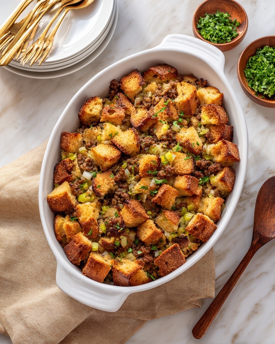 A white oval baking dish filled with a baked stuffing showing a top layer of large, golden-brown, crispy bread cubes with a rough texture, mixed with small bits of green celery and brown cooked sausage underneath, garnished with fresh green parsley leaves scattered across the surface. The dish is placed on a white marbled surface, with stacked white plates, gold forks resting on a beige cloth napkin with red stripes, a small wooden bowl filled with chopped green herbs to the right, and a wooden spoon partially visible on the lower right side, photo taken with an iphone --ar 4:5 --v 7