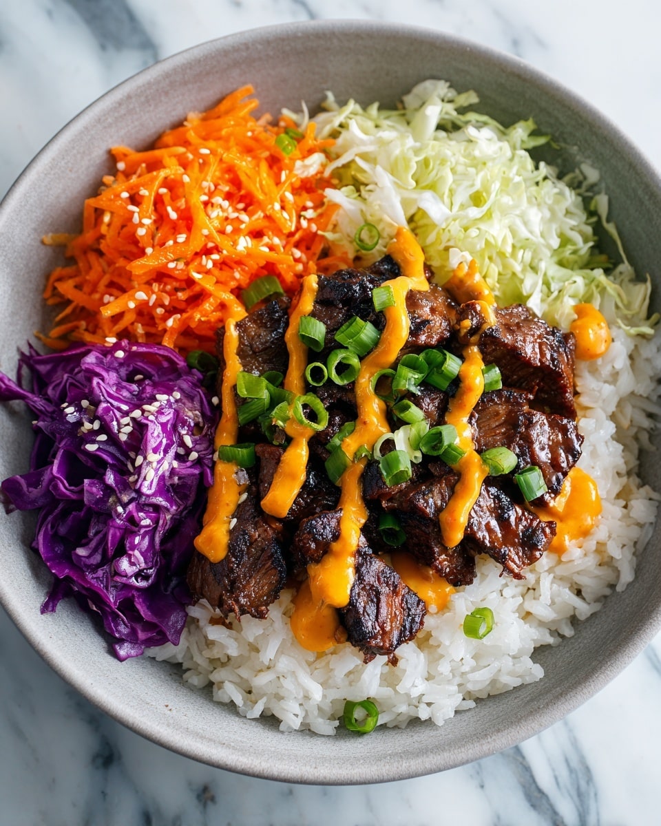 A white bowl filled with a base layer of white rice, topped with a layer of small dark brown grilled pieces with charred edges drizzled with orange sauce. Surrounding the grilled pieces are shredded bright orange carrots on the top left, thinly shredded light green cabbage on the bottom left, and shredded deep purple cabbage on the right. The dish is garnished with chopped green onions and sprinkled with white sesame seeds. The bowl sits on a white marbled surface, photo taken with an iphone --ar 4:5 --v 7