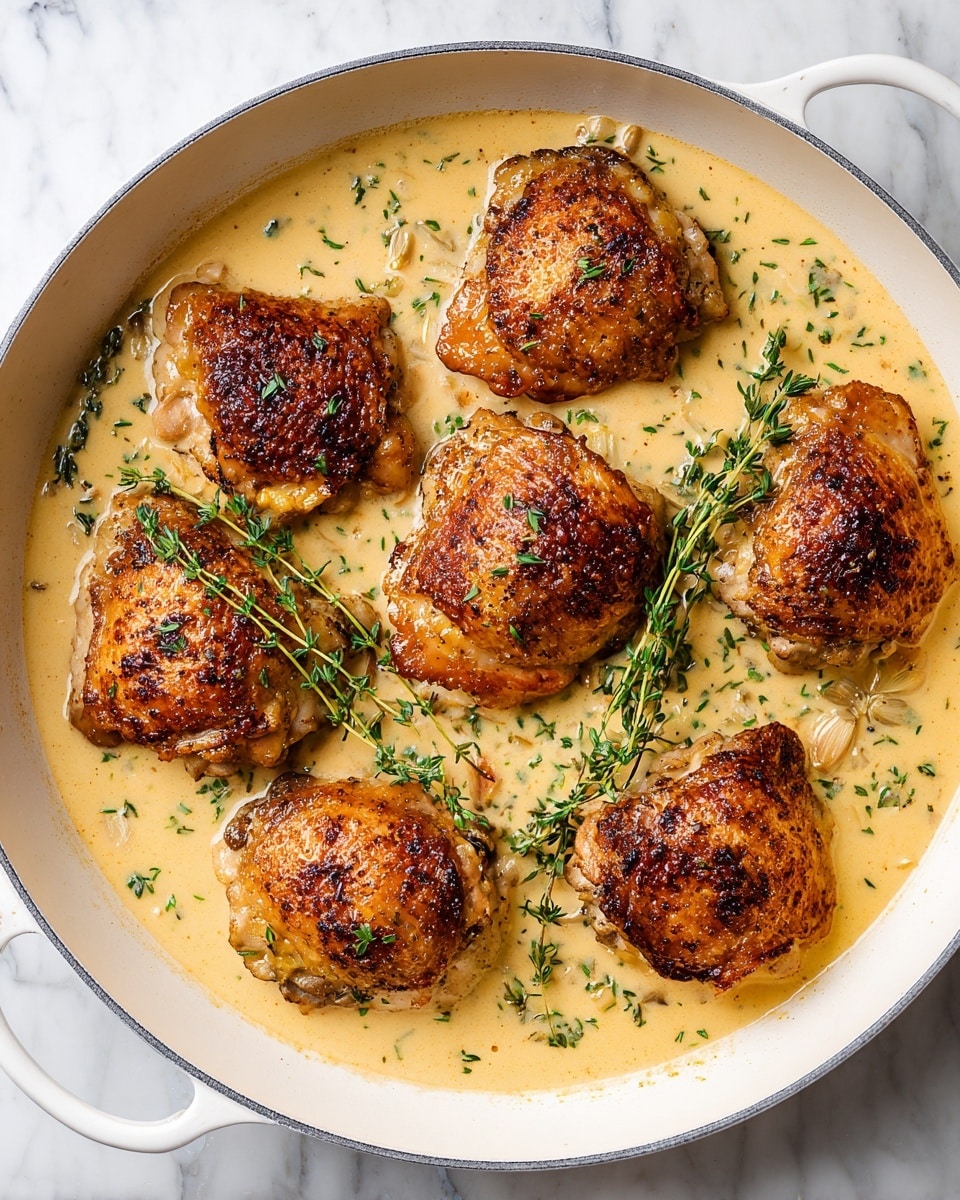 Seven browned chicken thighs lie in a white pan filled with creamy sauce. The sauce is light yellow with green herbs sprinkled inside. Fresh green thyme sprigs rest on top and around the chicken pieces. Each chicken thigh has a crispy, golden-brown skin with some cracked black pepper and small green herb bits on it. The pan sits on a white marbled surface. photo taken with an iphone --ar 4:5 --v 7