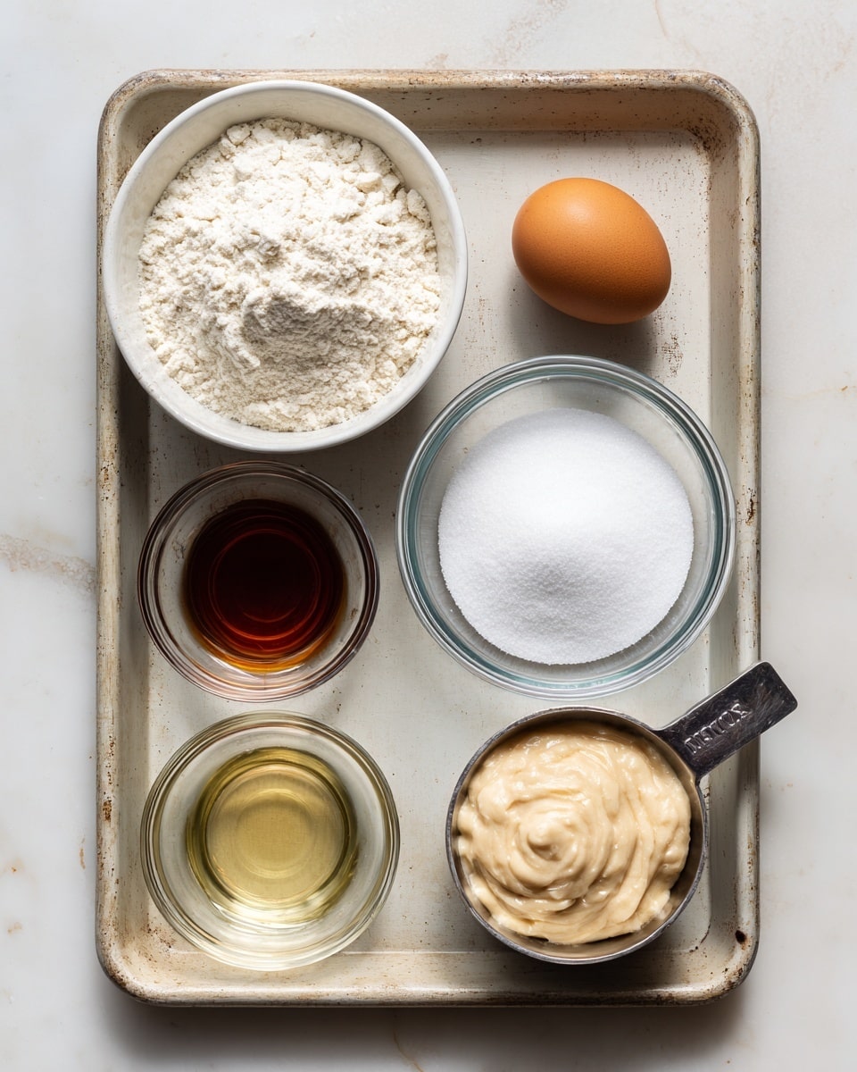 A baking tray holds six items for a recipe, all on a white marbled surface. In the top left is a white bowl filled with white gluten free flour, its texture soft and powdery. To the right of the bowl is a single brown egg with a smooth shell sitting directly on the tray. Below the egg is a small clear glass bowl with dark amber vanilla extract inside. Next to it is a slightly larger clear glass bowl filled with granulated white sugar, looking fine and bright. On the bottom left, another clear glass bowl holds a pale golden liquid oil. Beside it is a small white bowl with a mix of white baking powder and brown cinnamon, the powder fluffy and light. On the far right, a metal measuring cup is filled with creamy, light beige banana puree, smooth and thick. The light comes from above, giving a clean and fresh feel to the scene. photo taken with an iphone --ar 4:5 --v 7