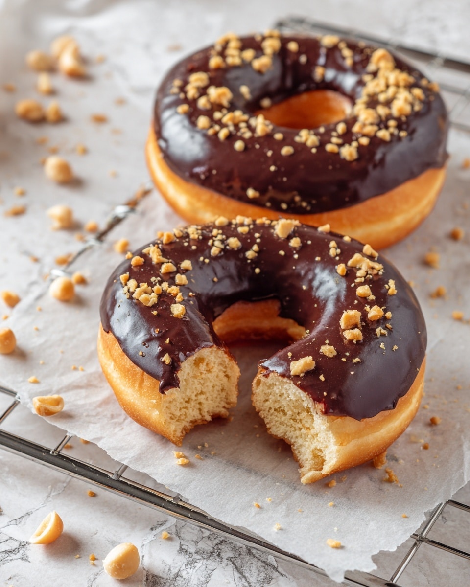 Two donuts are shown on a white marbled surface with a metal wire rack underneath some white parchment paper. Each donut has one layer of shiny dark chocolate glaze on top, with a sprinkle of small crunchy nut pieces scattered over the glaze and around the donuts. One donut has a bite taken out of it, showing a light brown cake texture inside. Photo taken with an iphone --ar 4:5 --v 7