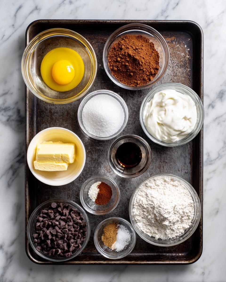 A dark metal baking tray with nine small white or clear glass bowls arranged in a scattered but organized way, each bowl containing a different ingredient: a white bowl with a raw egg showing the yellow yolk and clear egg white; a clear bowl filled with light brown sugar; a smaller clear bowl with white baking powder; a clear bowl with melted bright yellow butter; a white bowl holding thick white Greek yogurt; a small white bowl with a mix of salt and brown cinnamon powder; a clear bowl full of small dark chocolate chips; a white measuring cup filled with white gluten-free flour; and a clear small bowl with dark vanilla extract. The tray is set on a white marbled surface, photo taken with an iphone --ar 4:5 --v 7