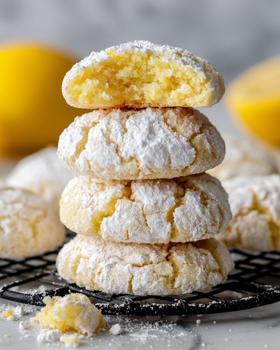 A stack of seven lemon cookies is shown on a black cooling rack on a white marbled surface. The cookies are soft yellow with a cracked texture on top and covered in a light dusting of white powdered sugar. The top cookie is broken in half, showing a soft, crumbly inside. In the background, out of focus, are yellow lemons adding a fresh feel to the scene. A small lemon wedge is placed on the surface near the bottom right corner of the cooling rack. photo taken with an iphone --ar 4:5 --v 7