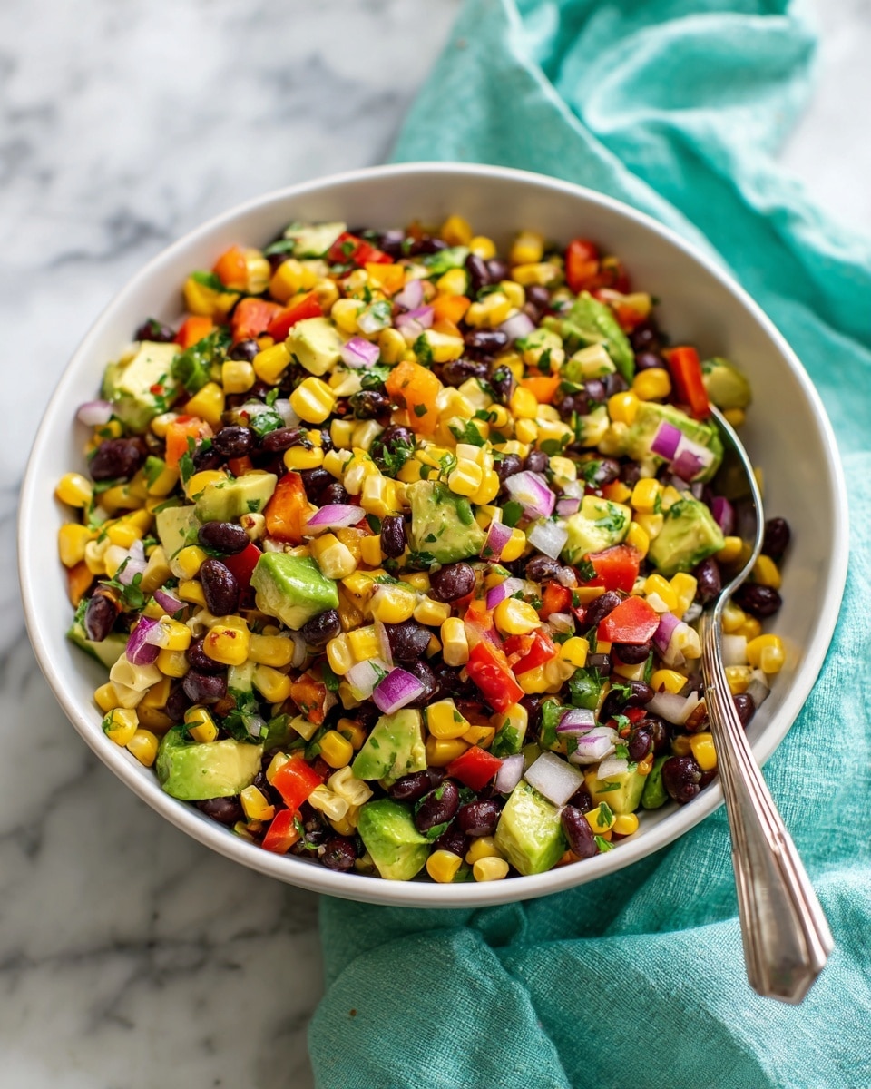 A close-up view of a colorful salad in a white bowl filled with layers of black beans, bright yellow corn kernels, red bell pepper pieces, chopped red onions, and chunky green avocado pieces mixed together. A silver spoon rests inside the bowl, partially submerged in the salad. The bowl is placed on a light blue cloth over a white marbled surface, with a softly blurred green and white background. The overall look is fresh and vibrant, with the different textures and colors of each ingredient clearly visible, photo taken with an iphone --ar 4:5 --v 7