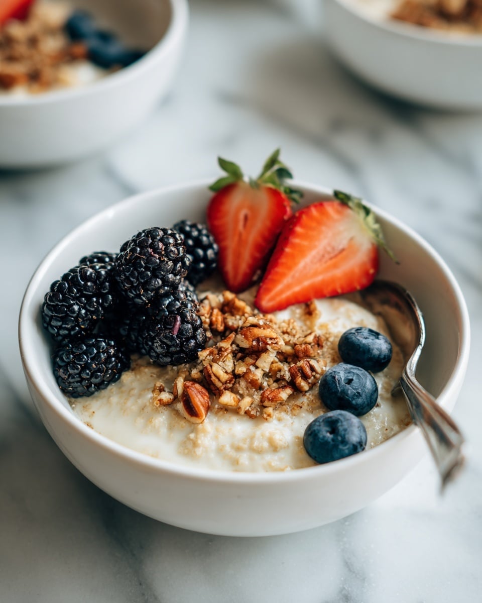 A white bowl filled with creamy oatmeal sits on a white marbled surface, topped with three layers of garnishes. The bottom layer features plump, dark blueberries clustered on one side, next to three shiny blackberries with their textured surfaces. The middle layer shows a generous sprinkling of chopped walnuts scattered across the oatmeal. On top, two vibrant, red strawberry halves are arranged upright at the back center, adding a bright contrast. A spoon rests inside the bowl on the right side. In the background, there are other white bowls with similar fruit toppings, slightly out of focus. Photo taken with an iphone --ar 4:5 --v 7