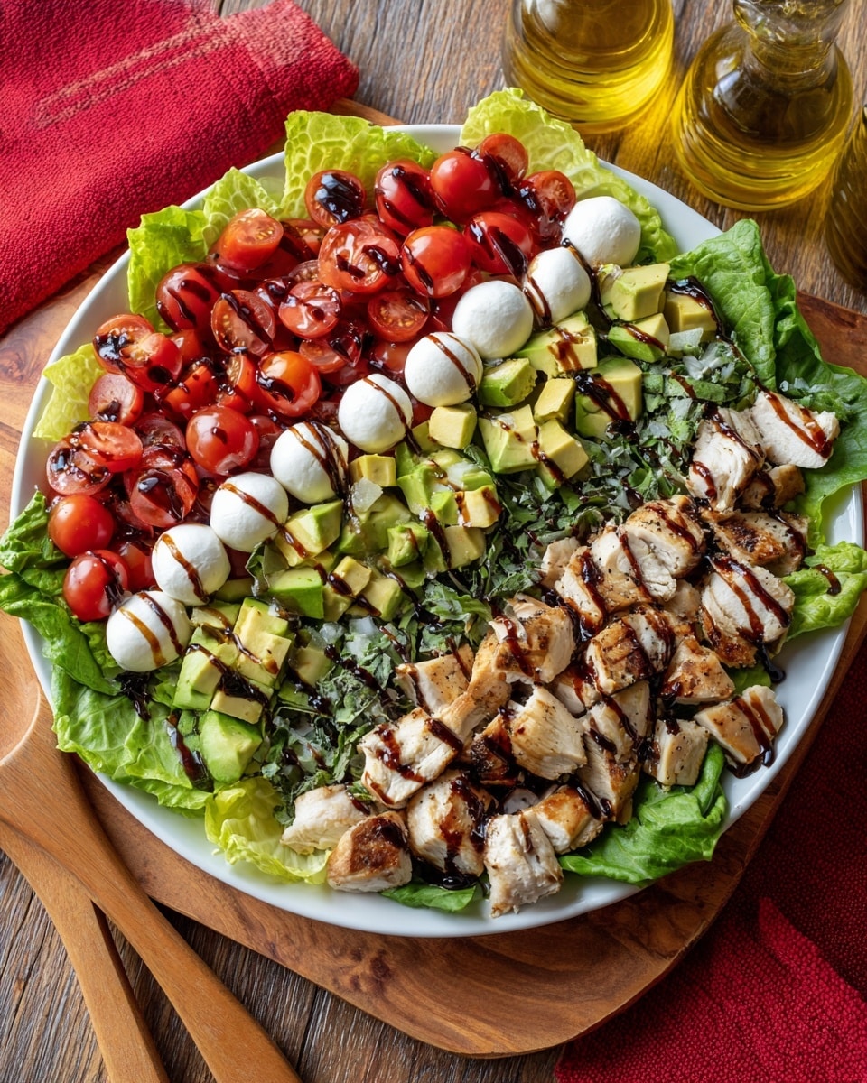 A white round plate sits on a white marbled surface, filled with a salad arranged in horizontal layers. The bottom layer is fresh green lettuce leaves around the edges. Above that, rows start with grilled light brown chicken pieces, followed by small white mozzarella balls. Next is a layer of finely chopped dark green basil, then a layer of cubed light green avocado with yellow highlights. The top layer is bright red cherry tomatoes, some whole and some cut, all glistening with a light dressing. The salad is drizzled with a dark brown balsamic glaze. Nearby are a glass bottle of olive oil and a small bowl of balsamic vinegar. Two wooden spoons rest beside the plate on a deep red cloth. Photo taken with an iphone --ar 4:5 --v 7