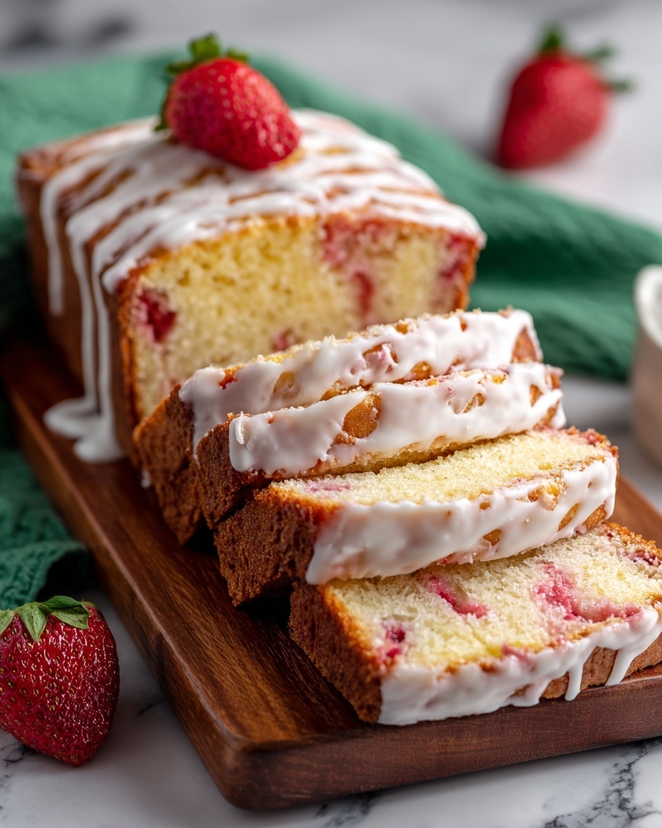 A loaf cake sliced into four pieces lies on a wooden board placed on white marble. The cake has three layers visible where it was sliced: the base is light golden brown with small bits of red strawberries spread throughout the crumb. The top layer is a similar light golden brown topped with a dripping white glaze covering part of the surface and sides. A whole strawberry sits on top of the cake near the upper right corner. Two whole strawberries rest on the white marble near the wooden board, and a green cloth is in the bottom right corner. photo taken with an iphone --ar 4:5 --v 7