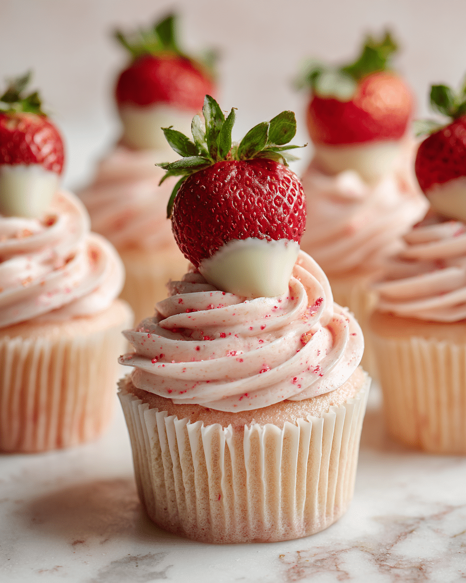 A group of light pink cupcakes sit on a dark wooden stand with rough edges. Each cupcake has one layer of soft, pink frosting swirled thickly on top. A fresh red strawberry dipped halfway in smooth white chocolate is placed on the center of the frosting layer on each cupcake. The cupcakes have pink wrappers and the background is a white marbled texture. photo taken with an iphone --ar 4:5 --v 7
