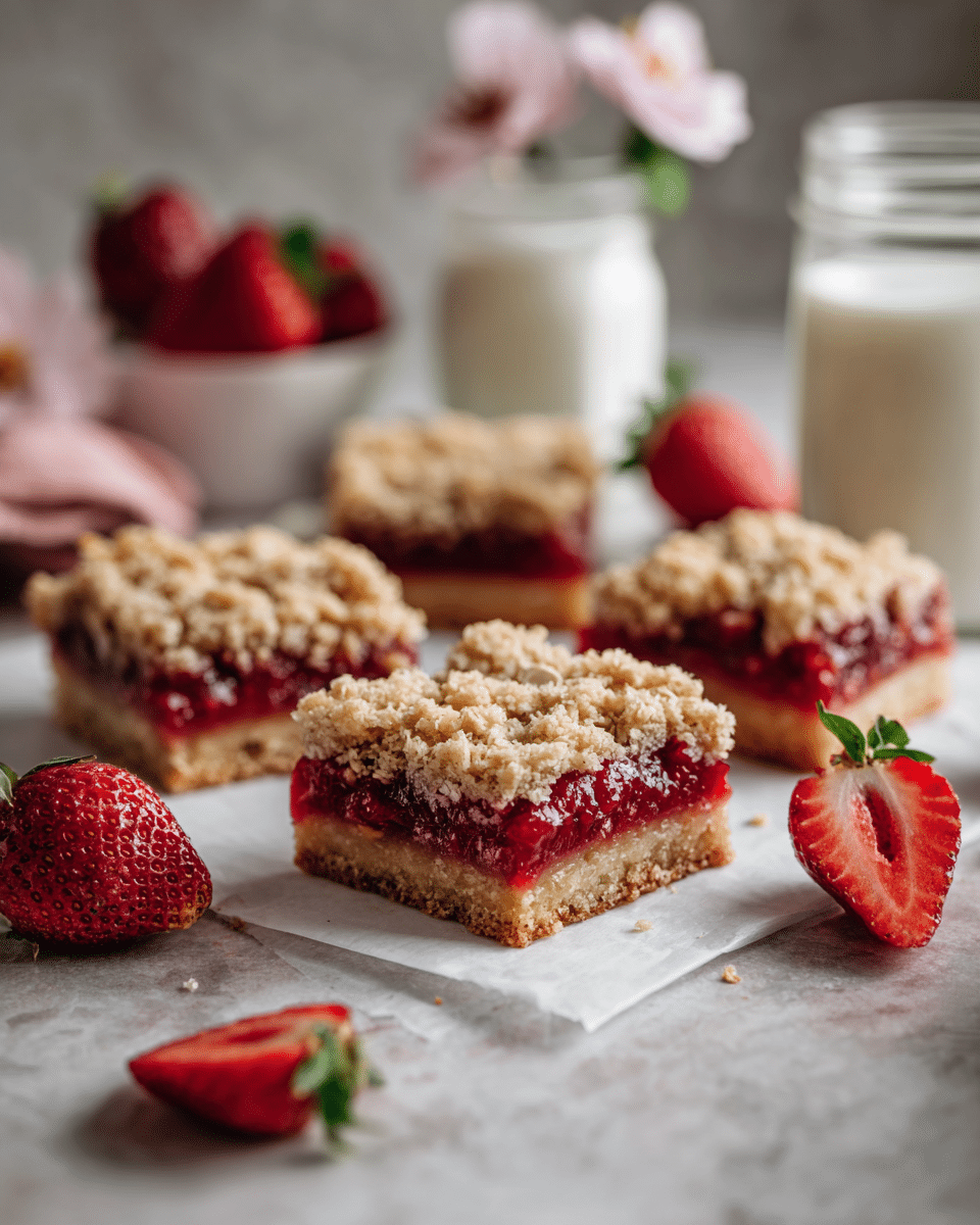The image shows several square strawberry crumble bars on white parchment paper placed on a white marbled surface. Each bar has two visible layers: a bottom layer of light golden crust and a thick middle layer of bright red strawberries with a slightly glossy look. The top layer is made of chunky oat crumble that is golden brown with visible oat flakes, giving a rough texture. Around the bars, there are whole fresh strawberries with green leaves and a glass jar of milk near the right edge. A few delicate pink flowers are also on the surface near the bottom right corner. Photo taken with an iphone --ar 4:5 --v 7
