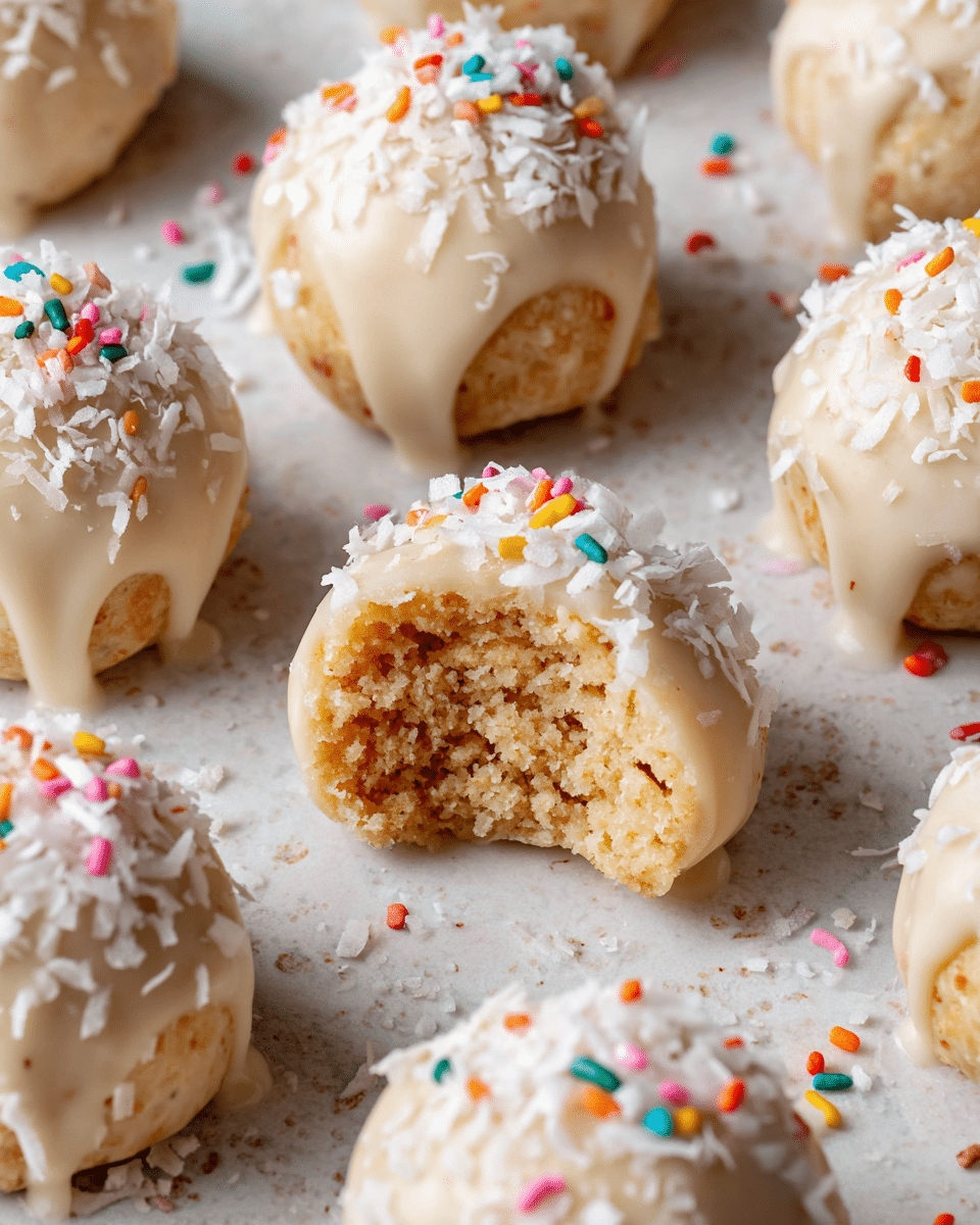 A close-up view shows small cookie balls with a smooth light beige icing layer on top. Each cookie has a topping layer of white shredded coconut. One cookie is broken in half, revealing a soft, crumbled inside with a golden-brown color. The cookies sit directly on a white marbled surface scattered with small bits of coconut and a few colorful sprinkles. The overall look is soft, rich, and slightly crumbly with a smooth, glossy finish on the icing photo taken with an iphone --ar 4:5 --v 7