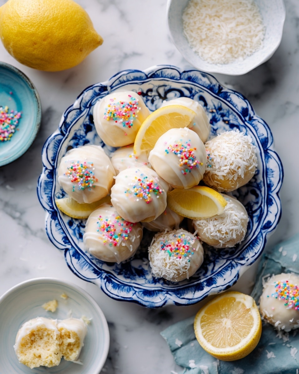 A white plate with blue floral patterns holds around 18 small round cookies covered in light cream-colored glaze. Some cookies are topped with rainbow sprinkles in pink, blue, green, orange, and white, while others have white shredded coconut flakes. To the left of the plate on a white marbled surface are two lemon wedges and one half lemon, and there is a small white bowl with extra shredded coconut above the plate. Two cookies, one bitten, rest near the top right of the plate on the white marbled surface. photo taken with an iphone --ar 4:5 --v 7