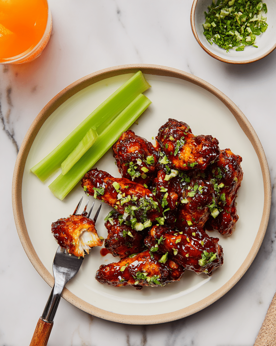 A round white plate with a beige rim holds about ten glazed chicken wings covered in a shiny, dark reddish-brown sauce with a slightly sticky texture, topped with small green herb pieces. There are two green celery sticks on the left side of the plate. A silver fork with a wooden handle is holding one chicken wing that is broken open, showing white meat inside and the dark sauce on the outside. Above the plate, a small white bowl contains chopped green herbs, and to the left, there is a glass with an orange drink. The plate is placed on a white marbled surface. photo taken with an iphone --ar 4:5 --v 7
