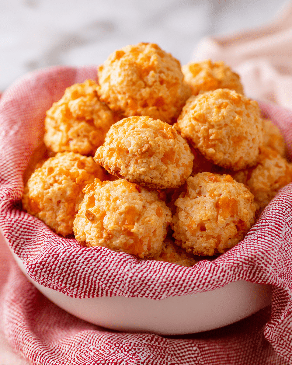 A close-up of many small, round biscuit balls piled inside a white bowl lined with a red cloth with white checked patterns. Each biscuit ball is rough and crumbly in texture with a mix of light brown and orange colors from melted cheese mixed throughout. The bowl is full and the biscuit balls look crispy on the outside. The background shows a white marbled texture surface. Photo taken with an iphone --ar 4:5 --v 7