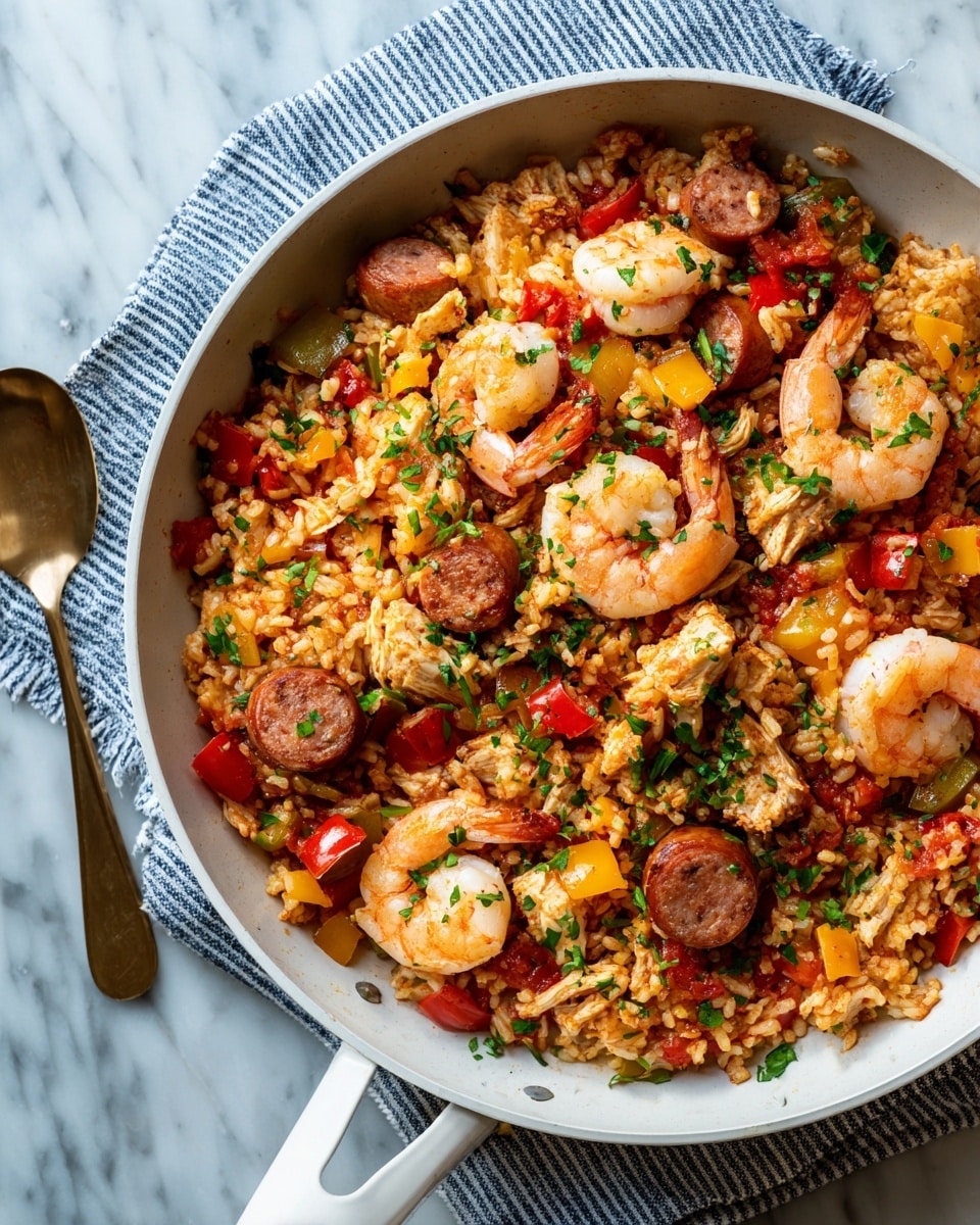 A white pan filled with a colorful mix of cooked rice, large pink shrimp, slices of brown sausage, and shredded white chicken scattered throughout. The dish is mixed with diced red, yellow, and green bell peppers along with chopped green herbs sprinkled on the top. The texture looks rich and moist with the various ingredients blending together, resting on a blue and white striped cloth on a white marbled surface. photo taken with an iphone --ar 4:5 --v 7