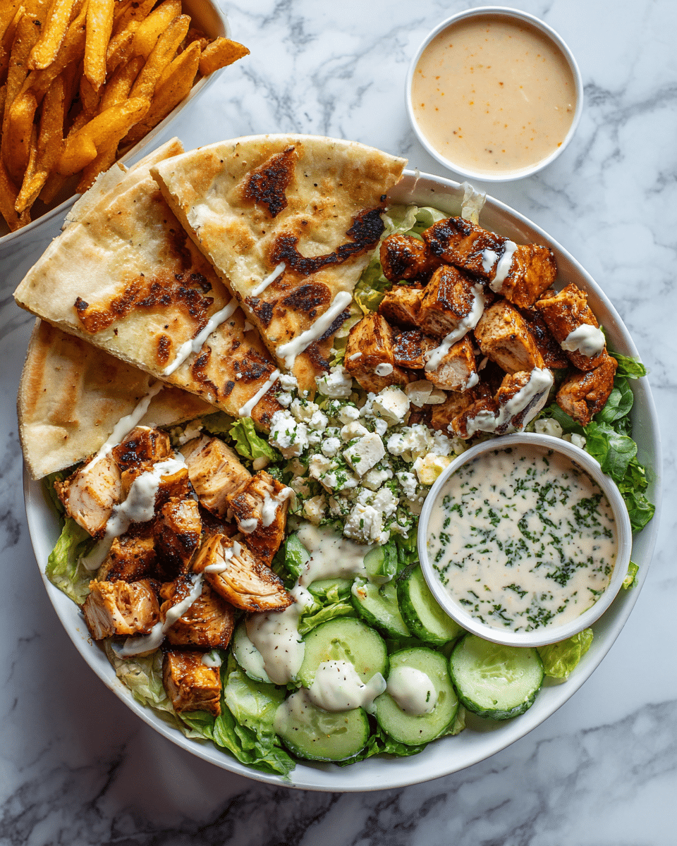 The dish is served in a white bowl filled with four main layers: at the bottom, fresh green lettuce and chopped cucumber pieces form the base; on top of that, there are grilled, browned pieces of chicken with a slightly charred texture; scattered around and on top are small chunks of white cheese and drizzles of creamy white and light beige sauces; the bowl also holds folded, toasted flatbread pieces with golden brown spots leaning on the side; on the side of the bowl, there are two small white sauce cups, one creamy beige and the other white with green herbs; the whole scene is on a white marbled surface with a few fries in the background; photo taken with an iphone --ar 4:5 --v 7
