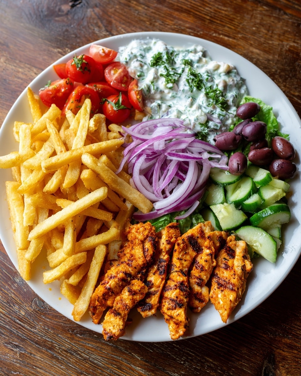 A round white plate on a white marbled surface holds several colorful food sections. Starting from the bottom right, there are several grilled chicken slices with a dark charred texture. To the left of the chicken, a pile of thin, golden-brown fries is stacked. Above the fries, there is a dollop of creamy white sauce with green herbs mixed in. Next to the sauce, thinly sliced red onions form a small mound. Near the top center, bright red cherry tomatoes are halved and placed closely. To the right of the tomatoes, chopped cucumber pieces mixed with dark purple olives create a fresh salad. In the center, a heap of crumbly, white cheese is drizzled lightly with olive oil. Photo taken with an iphone --ar 4:5 --v 7