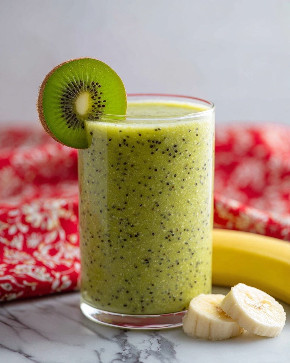 A clear glass filled with a thick green smoothie speckled with tiny black seeds, indicating kiwi. Two fruit slices are placed on the rim: a bright green kiwi slice with tiny black seeds and a pale yellow banana slice. The glass sits on a white marbled surface, and behind it, a red and white cloth with patterns is softly blurred. photo taken with an iphone --ar 4:5 --v 7
