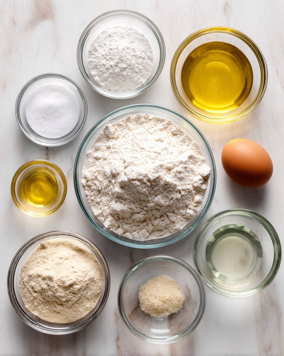 A top-down view of nine small clear glass bowls arranged over a white marbled surface, each containing different baking ingredients. The largest bowl in the center is filled with off-white flour, surrounded by smaller bowls holding white sugar, white salt, white baking powder, light yellow vinegar, golden olive oil, clear water, and light beige yeast powder. Next to the flour bowl is a single whole brown egg. All items are spaced evenly, showing each ingredient clearly. Photo taken with an iphone --ar 4:5 --v 7