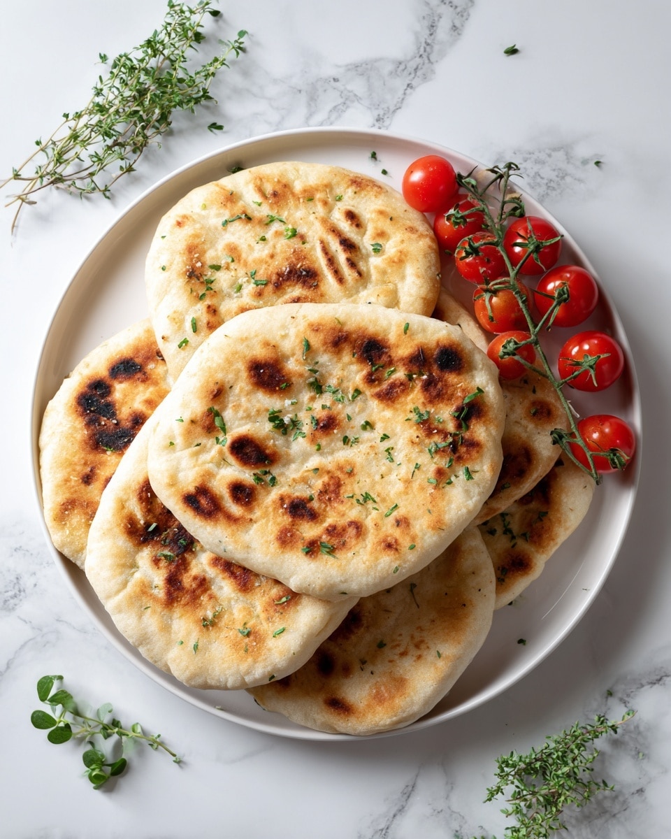 A round white plate holds five flatbreads that have a light golden brown color with grill marks and small herbs sprinkled on top. The flatbreads are soft and slightly puffy with uneven surfaces. On the right side of the plate, a small bunch of bright red cherry tomatoes still on their green vines adds a fresh touch. Small green herb leaves are placed on some of the breads and around the plate. The plate is set on a white marbled surface. Photo taken with an iphone --ar 4:5 --v 7
