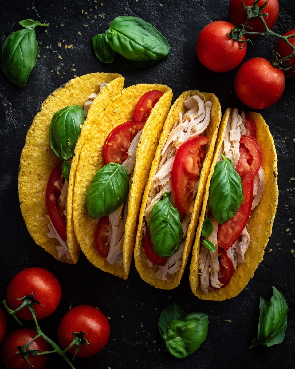 The image shows four tacos arranged in a row on a dark surface, each taco folded in half. The tacos have a soft yellow tortilla shell as the base layer. Inside each taco, there is a layer of light beige sliced turkey, topped with bright red tomato slices. On top of the tomato, there are fresh green basil leaves placed on each taco. Around the tacos, there are loose cherry tomatoes on green vines and scattered basil leaves. The background is a white marbled texture. photo taken with an iphone --ar 4:5 --v 7
