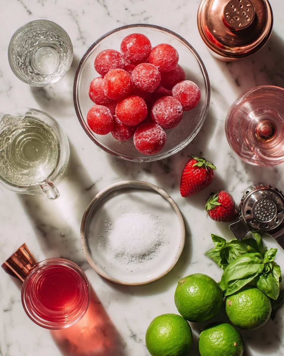 The image shows a top view of various cocktail-making ingredients arranged on a white marbled texture. In the center top is a clear glass bowl filled with bright red frozen strawberries dusted with frost. Below to the left is a small clear glass pitcher with a light liquid, and next to it, a round white plate with sparkling white salt. A few fresh red strawberries lie scattered near the salt and the pink liquid in a clear glass bottle. Towards the center is a copper-colored cocktail shaker and a copper jigger. To the right, there is a silver metal lime squeezer holding green lime halves, with more whole green limes nearby. At the bottom right, fresh green basil leaves add color contrast. Photo taken with an iphone --ar 4:5 --v 7