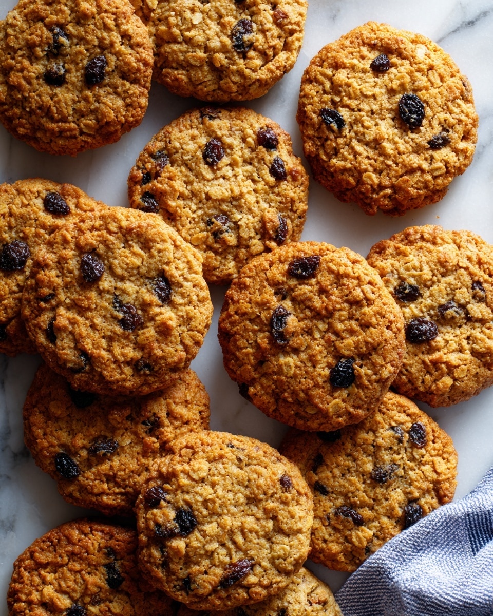 The image shows many round oatmeal raisin cookies spread out closely on a white marbled surface. The cookies have a golden brown color with a textured top, showing bits of oats and raisins dotted throughout. Each cookie looks soft and slightly thick with uneven edges. A blue and white striped cloth is placed at the bottom right corner, adding color contrast to the scene. Photo taken with an iphone --ar 4:5 --v 7