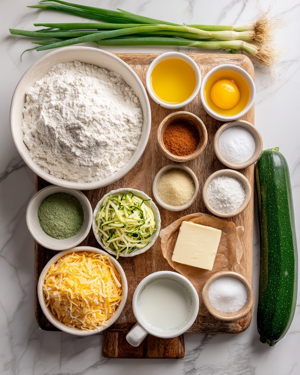 The image shows various cooking ingredients arranged neatly on a white marbled surface. A large white bowl filled with white gluten-free flour is placed near the top left, surrounded by small bowls of different ingredients: beaten eggs in a tan bowl, salt in a small white bowl, sugar in an orange bowl, garlic powder in a light green bowl, baking soda and baking powder both in small white bowls on a wooden board. Shredded sharp cheddar cheese sits in a white bowl near the bottom left, while a small bowl of shredded zucchini is also on the wooden board beside a cup of milk and a square piece of butter in a white bowl. Fresh green onions stretch across the top of the image, and a whole zucchini lies diagonally at the bottom right. The arrangement is clean and bright with natural light highlighting the colors and textures of the ingredients photo taken with an iphone --ar 4:5 --v 7