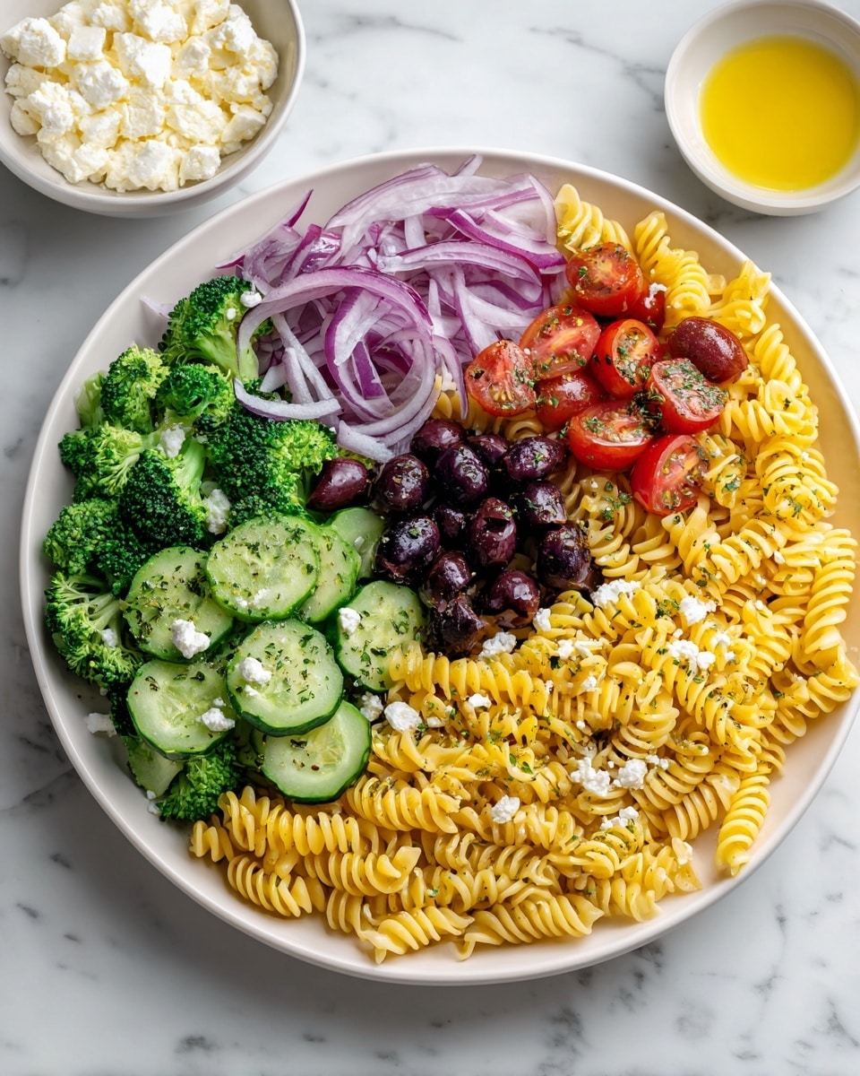 A large white plate filled with three layers of food, starting with a base of yellow spiral pasta spread evenly. Mixed into the pasta are scattered green broccoli florets, dark purple black olives, and sliced green cucumber pieces. Thin slices of light purple-red onion and halved red cherry tomatoes are mixed throughout, along with crumbled white cheese sprinkled on top. In the background, two small white bowls hold golden olive oil and white cheese, placed on a white marbled surface. photo taken with an iphone --ar 4:5 --v 7
