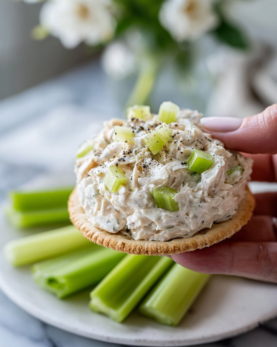 A close-up of a woman's hand holding a round cracker topped with a creamy chicken salad mix that has small pieces of green celery and visible black pepper sprinkled on top. In the background, there is a white plate on a white marbled surface, which holds a larger mound of the same chicken salad and several fresh green celery sticks placed on the side. The overall tone is light and fresh, with soft natural lighting and a few white flowers in a glass vase blurred in the background. photo taken with an iphone --ar 4:5 --v 7